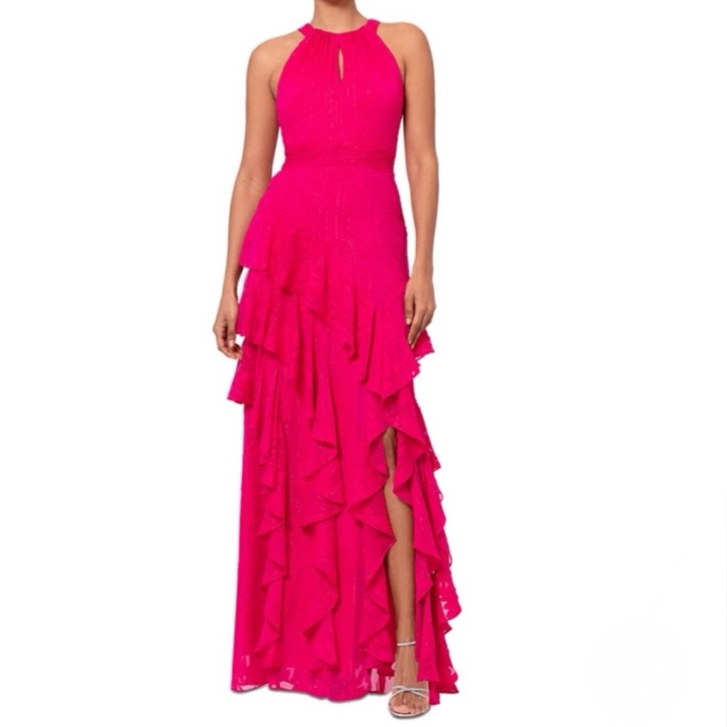 Xscape Pink / Hot Pink Textured Chiffon Ruffled Halter Formal Gown - Reemoly